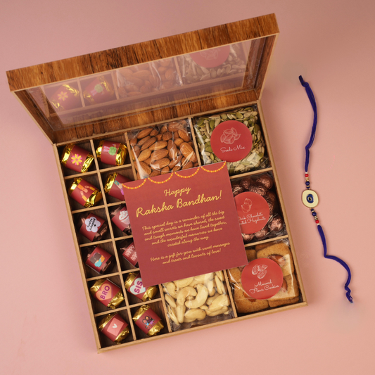Raksha Bandhan Gift Box with Rakhi - Premium Dry Fruits, Cookies, Chocolates, Wooden Gift Box - 650g