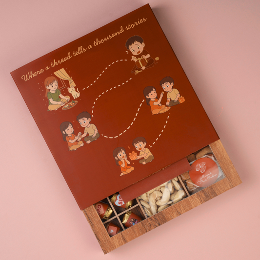 Raksha Bandhan Gift Box with Rakhi - Premium Dry Fruits, Cookies, Chocolates, Wooden Gift Box - 650g