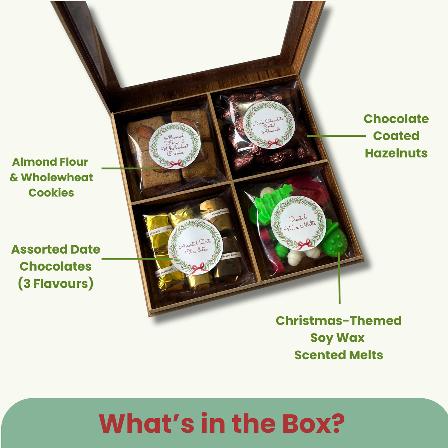 Christmas Gift Box with Chocolate Coated Hazelnuts, Almond Cookies, Date Chocolates, Scented Wax Melts