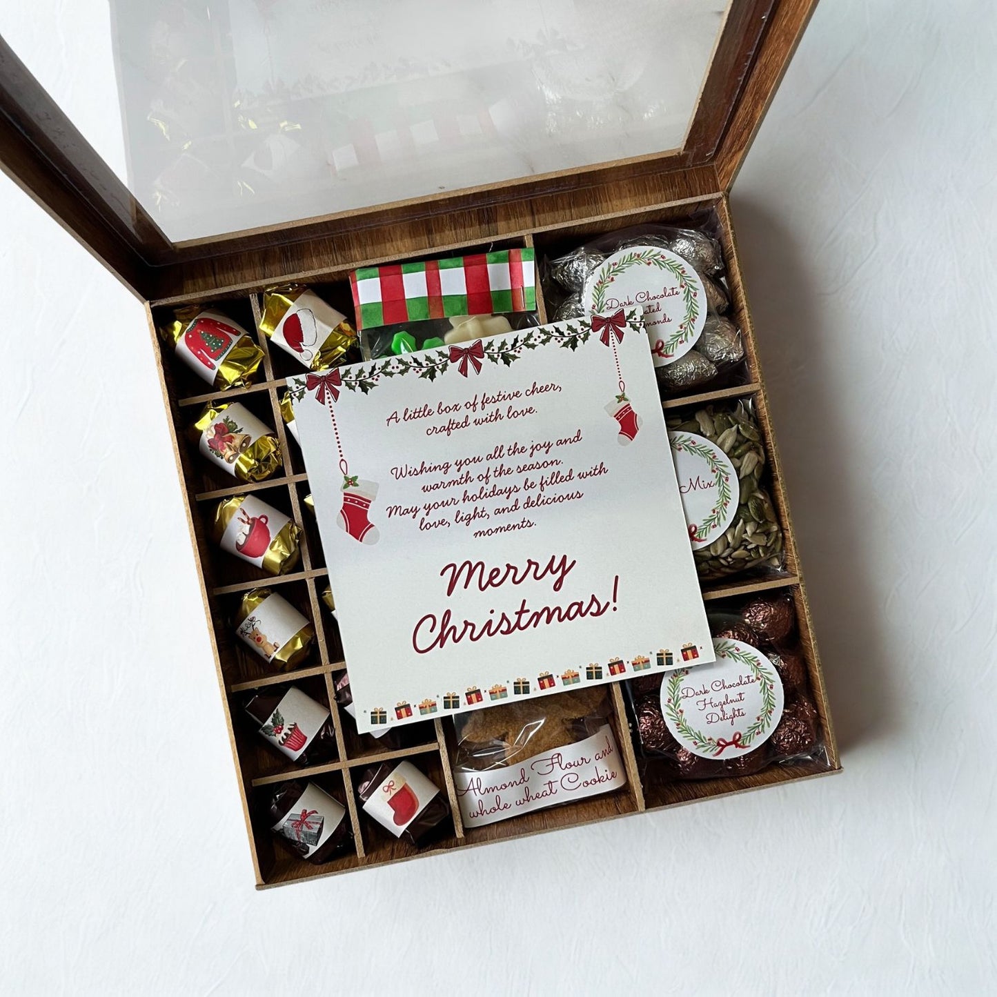 Ultimate Christmas Indulgence Wooden Gift Box - Premium Nuts Chocolates, Wax Melts, Almond Flour Christmas Tree Cookies, Trail Mix - 500g Christmas Gift Box