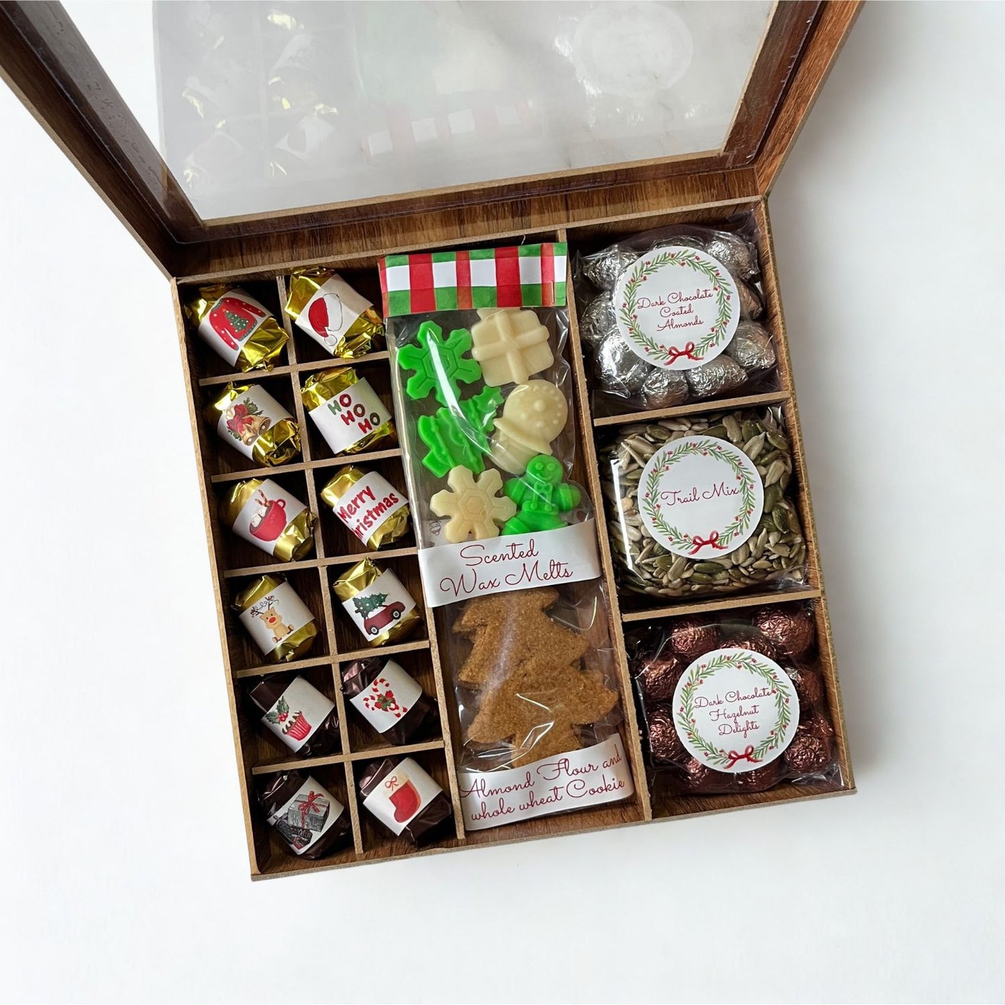Ultimate Christmas Indulgence Wooden Gift Box - Premium Nuts Chocolates, Wax Melts, Almond Flour Christmas Tree Cookies, Trail Mix - 500g Christmas Gift Box