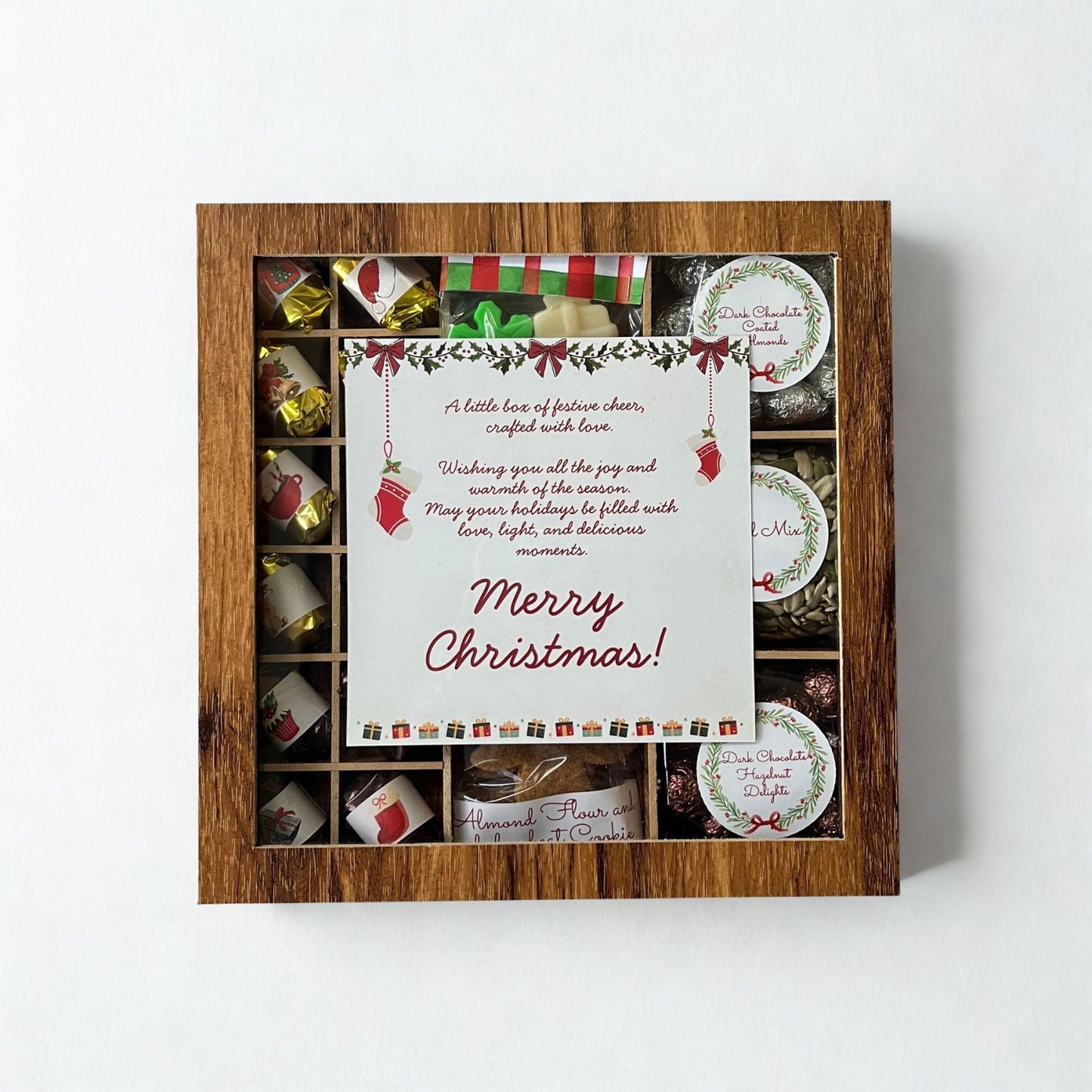 Ultimate Christmas Indulgence Wooden Gift Box - Premium Nuts Chocolates, Wax Melts, Almond Flour Christmas Tree Cookies, Trail Mix - 500g Christmas Gift Box