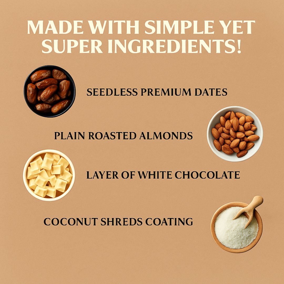 White Chocolate Dates with Almonds & Coconut Shreds - 12 Pieces