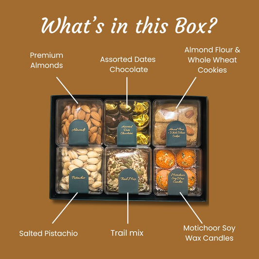 Luxury Diwali Gift Box with Almonds, Pistachios, Trail Mix, Dates Chocolate, Cookies, Motichoor Soy Candles, 600g