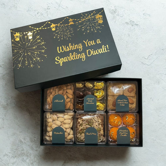 Luxury Diwali Gift Box with Almonds, Pistachios, Trail Mix, Dates Chocolate, Cookies, Motichoor Soy Candles, 600g