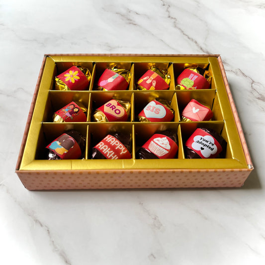 Rakhi Gift Box - Chocolate Dates with Rakhi - 4 Dark Chocolate & Almond Dates with Rakhi - 4 White Chocolate Almond & Coconut Dates - 4 Dark Chocolate Almond & Coconut Dates - Dry Fruits Gift Box - Rakhi Gift