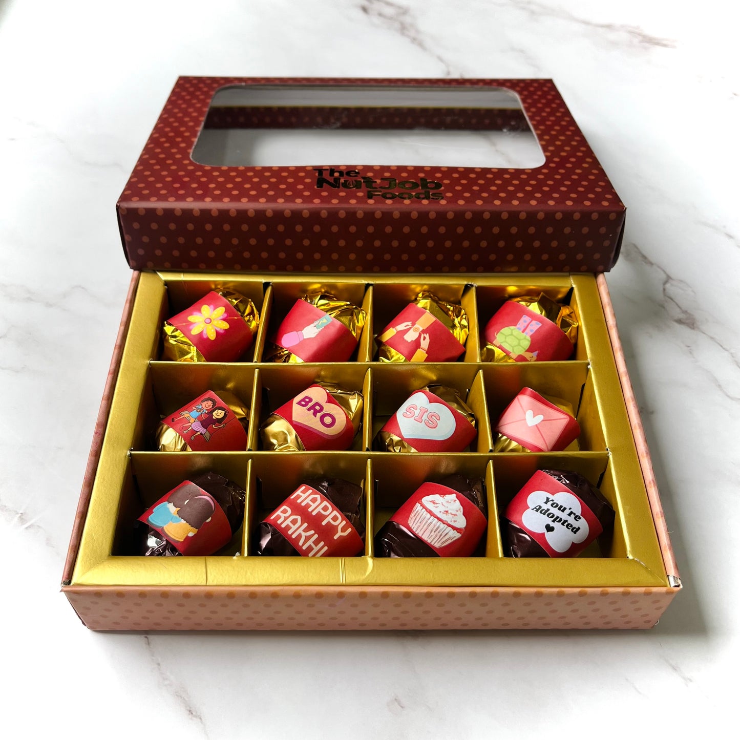Rakhi Gift Box - Chocolate Dates with Rakhi - 4 Dark Chocolate & Almond Dates with Rakhi - 4 White Chocolate Almond & Coconut Dates - 4 Dark Chocolate Almond & Coconut Dates - Dry Fruits Gift Box - Rakhi Gift