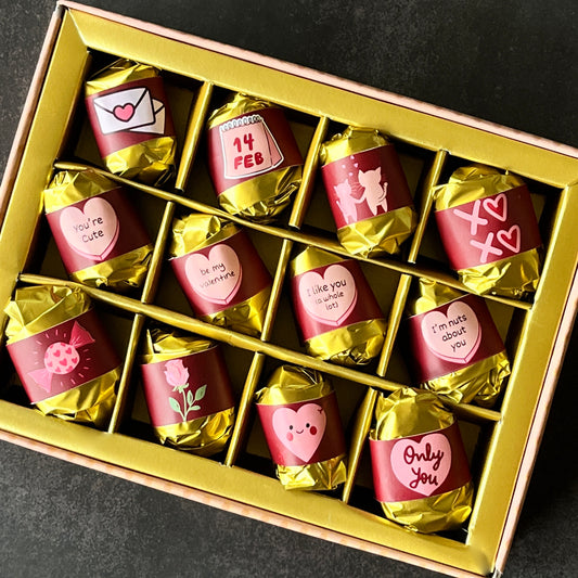 Valentine's Day Chocolate Gift Box with Sweet Messages - Almond and Chocolate Dates - 12 Pieces