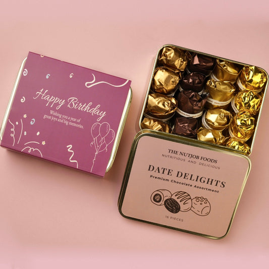 'Happy Birthday' Date Delights Premium Chocolate Gift Box, Assorted Dates Chocolates, 16 Pieces