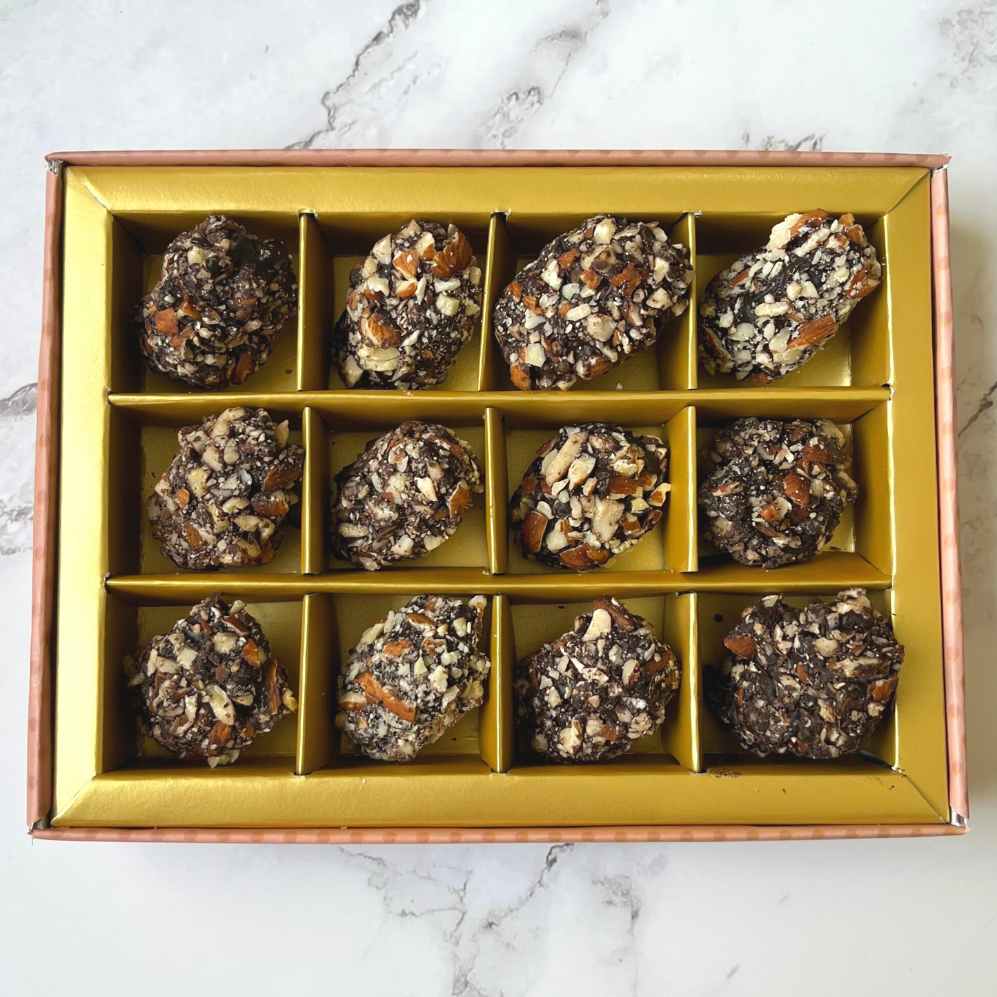 Dark Chocolate Coated Dates Stuffed with Almonds with Diced Almonds Coating - 12 Foil-Wrapped Pieces