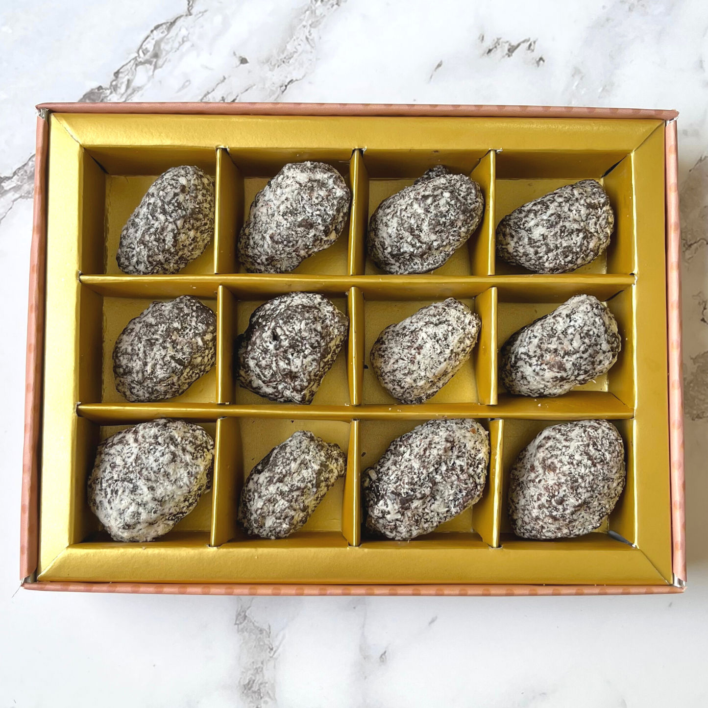 Dark Chocolate Coated Seedless Dates - Almonds Stuffing and Coconut Shreds Coating- 12 pieces