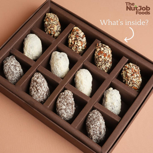 Appreciation Gift Box - 12 Pieces - Dates and Almonds Chocolates Wrapped in Pun-derful Messages