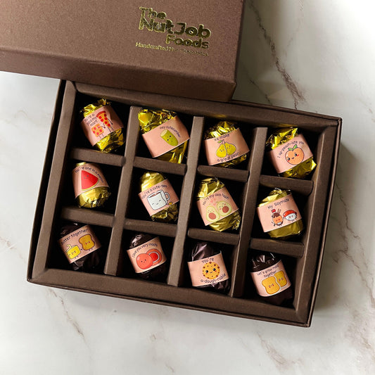 Appreciation Gift Box - 12 Pieces - Dates and Almonds Chocolates Wrapped in Pun-derful Messages