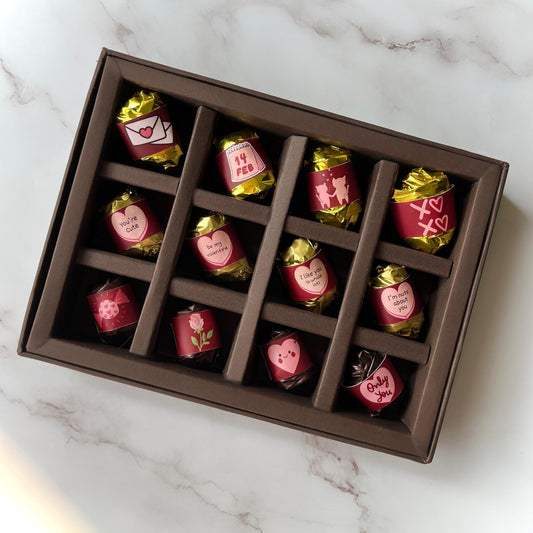 Valentine's Day Chocolate Gift Box with Sweet Messages - Almond and Chocolate Dates - 12 Pieces