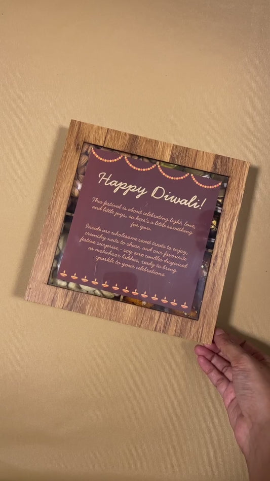 Premium Diwali Wooden Box with Assorted Dates Chocolates, Almonds, Cashews & Candles 500g