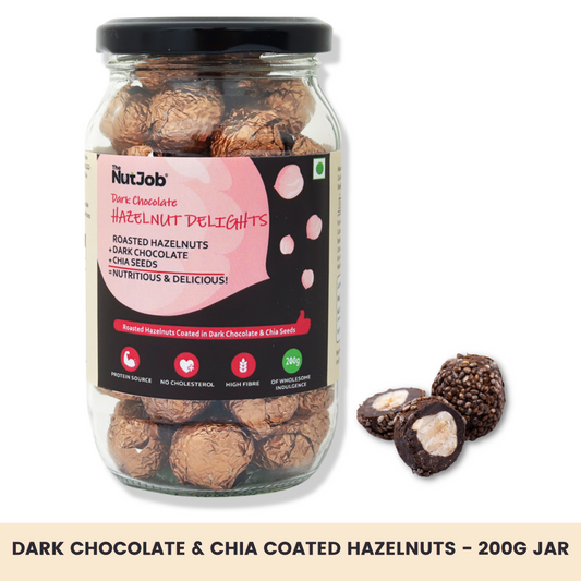 Dark Chocolate Hazelnut Delights - Dark Chocolate and Chia Coated Hazelnuts - 200g