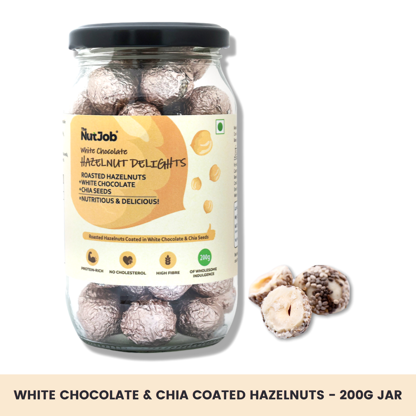 White Chocolate Hazelnut Delights - White Chocolate and Chia Coated Hazelnuts - 200g