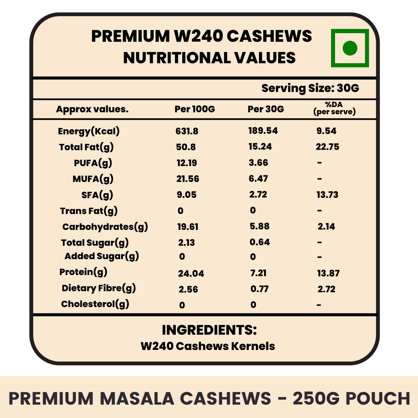 The NutJob Premium W240 Whole Cashews - 250g Pouch - Healthy Snack - Nutritious, Delicious, Dry Fruit, Nuts