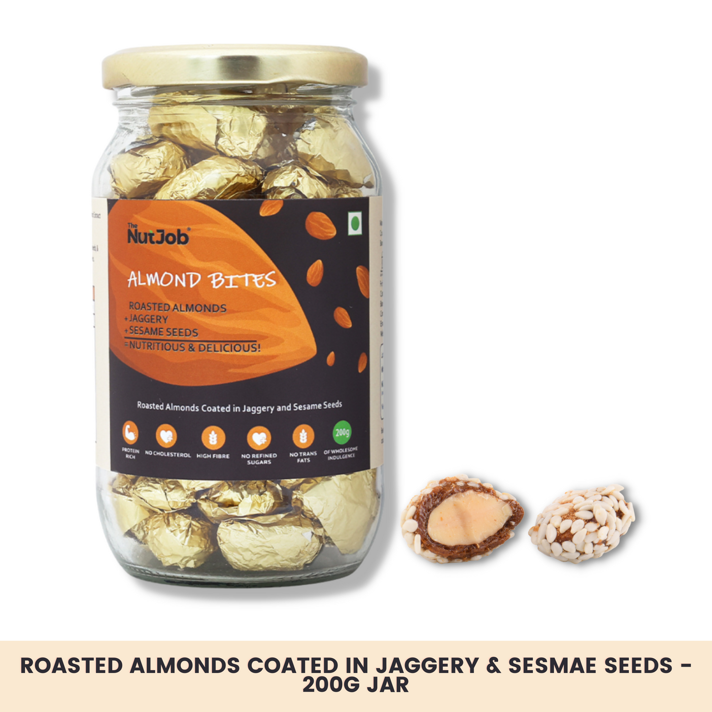 Almond Bites - Handcrafted Snack - 200g - Roasted Almonds, Jaggery and Sesame Seeds