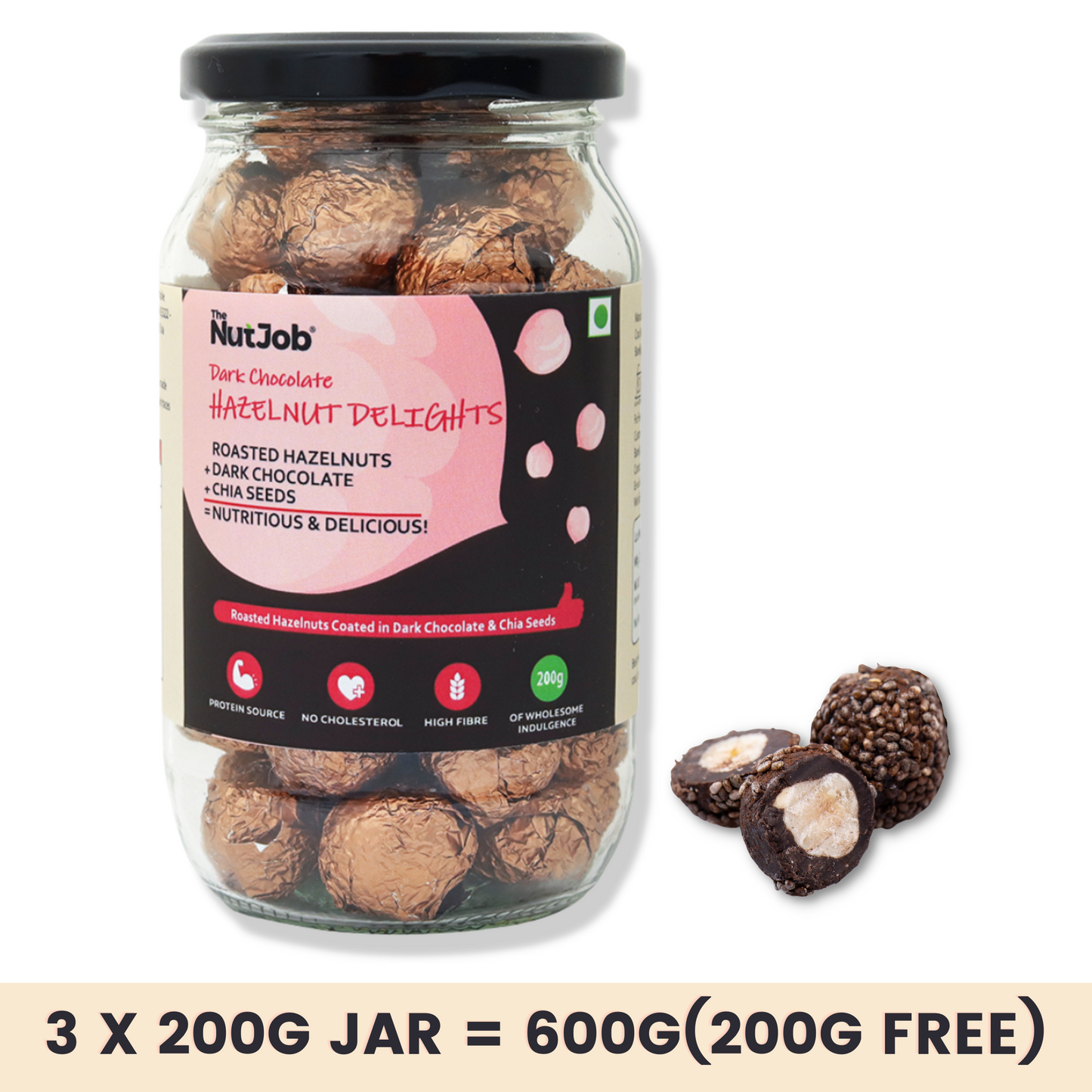 Buy 2 Get 1 Free - Dark Chocolate Hazelnut Delights - Dark Chocolate and Chia Coated Hazelnuts - 200g