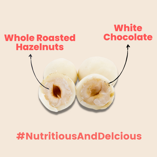 White Chocolate Coated Hazelnuts - 250g Pouch - Chocolate Coated Nuts, Hazelnut Snack, Hazelnut Chocolate, White Chocolate, Gift