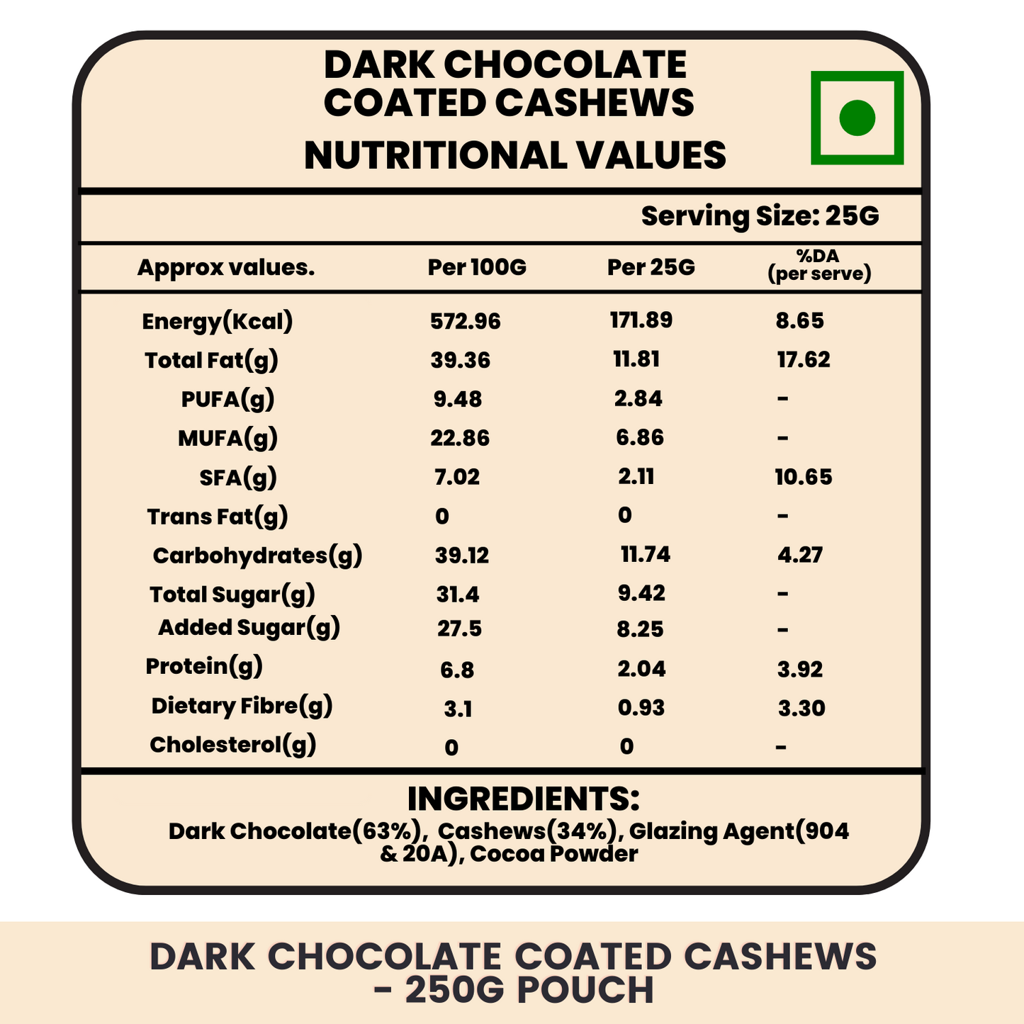 Dark Chocolate Coated Cashews - Premium Cashews coated in Dark Chocolate - 250g Pouch
