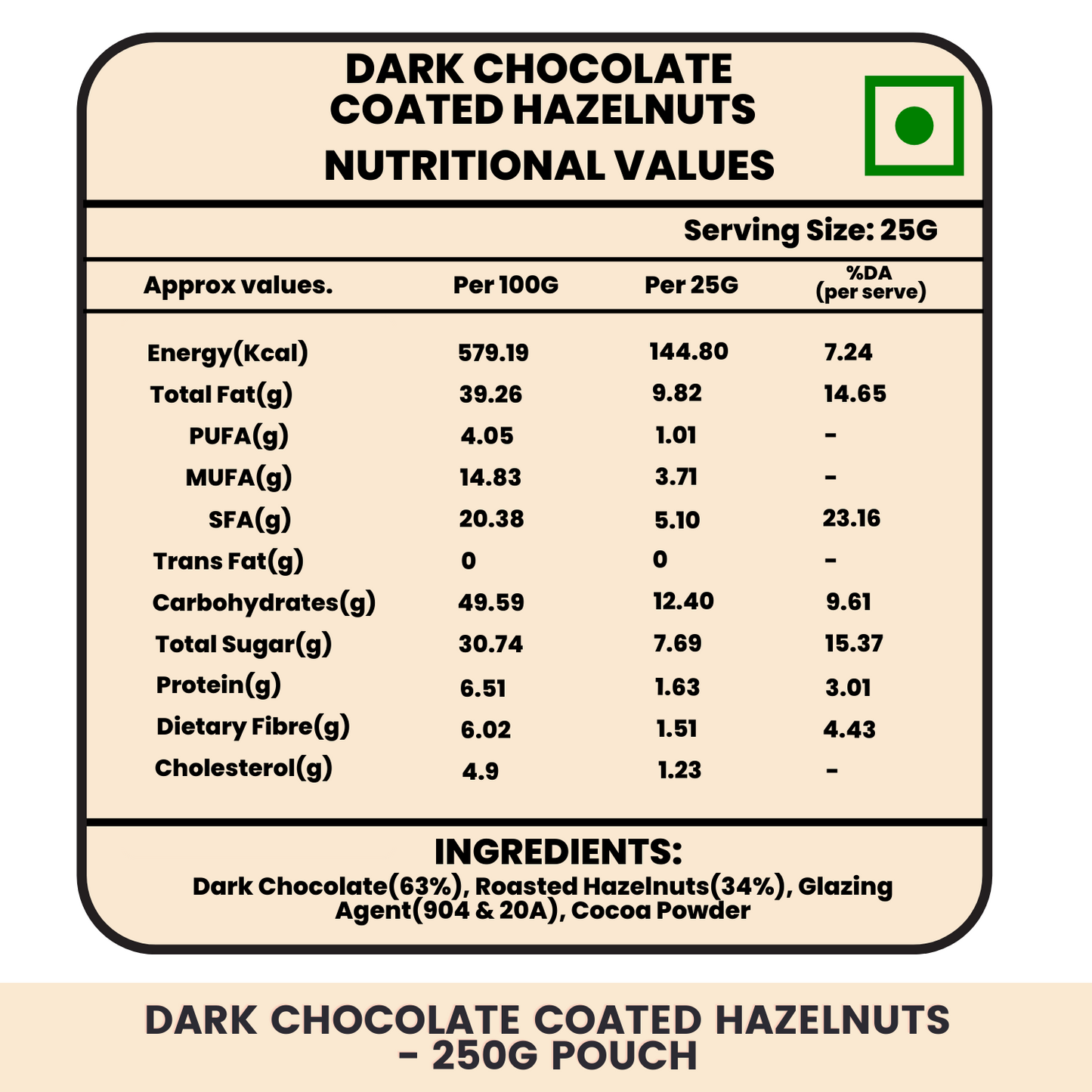 Dark Chocolate Coated Hazelnuts - 250g Pouch