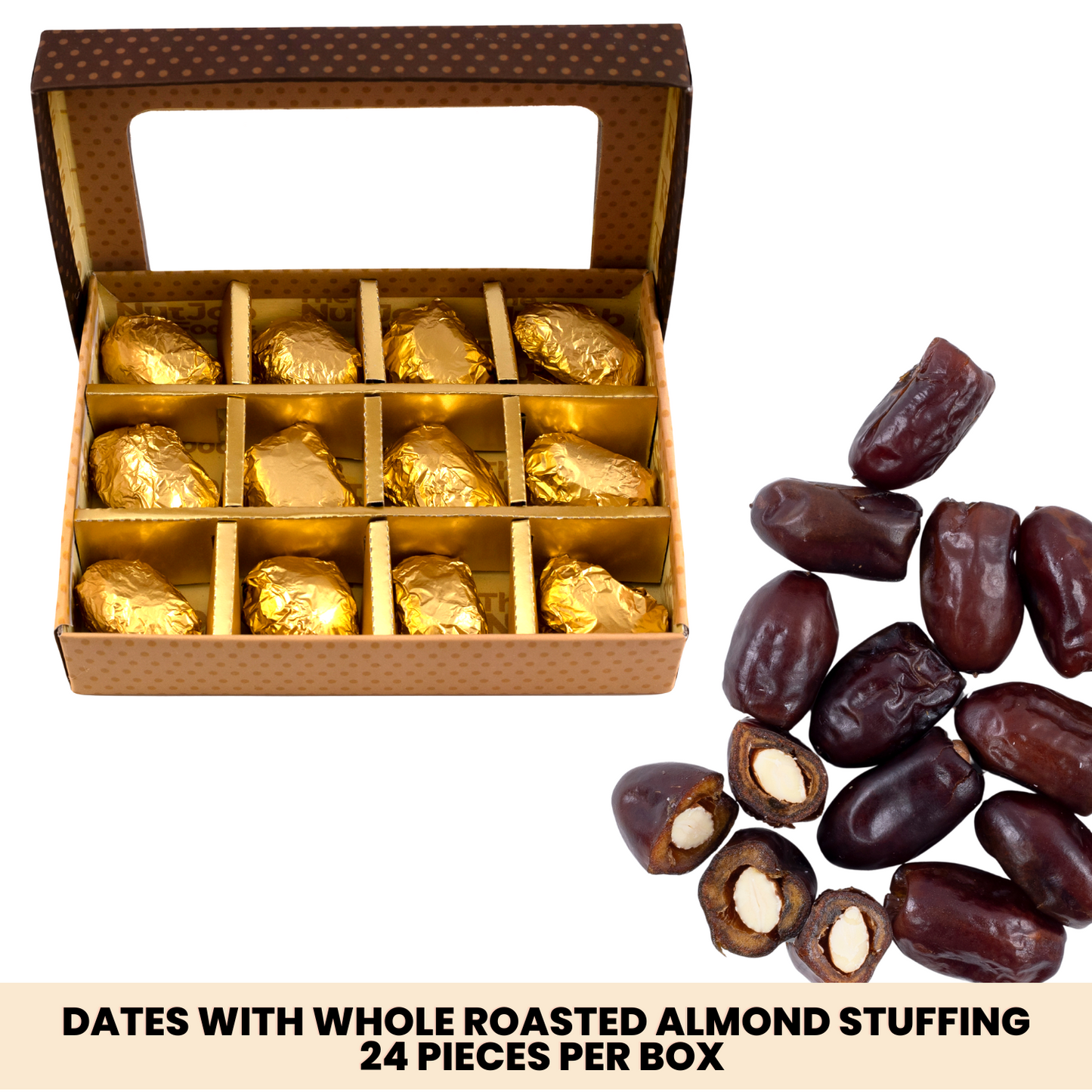 De-pitted Dates with Whole Roasted Almonds at their Centre - 24 Foil Wrapped Pieces